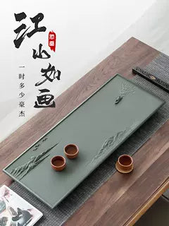 江山如畫 天然烏金石茶盤